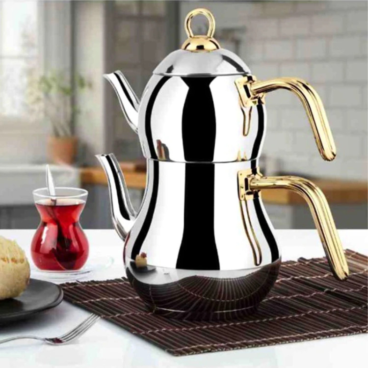 کتری و قوری استیل دسته طلایی ترکیه سایز متوسط Lines