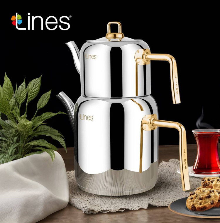 کتری و قوری استیل دسته طلایی لینس مرجان سایز بزرگ lines