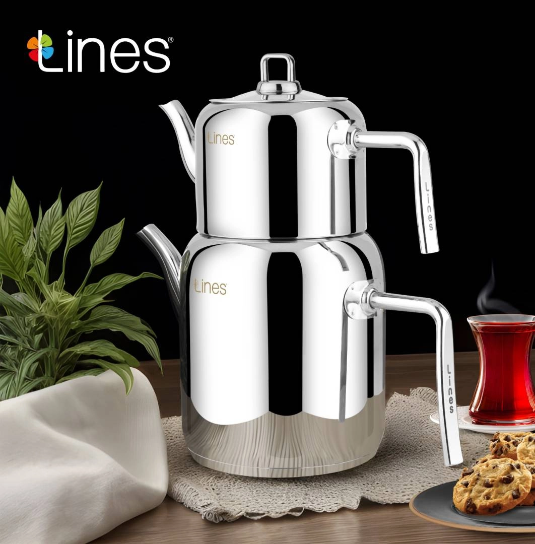 کتری و قوری استیل دسته نقره ای لینس مرجان سایز بزرگ lines