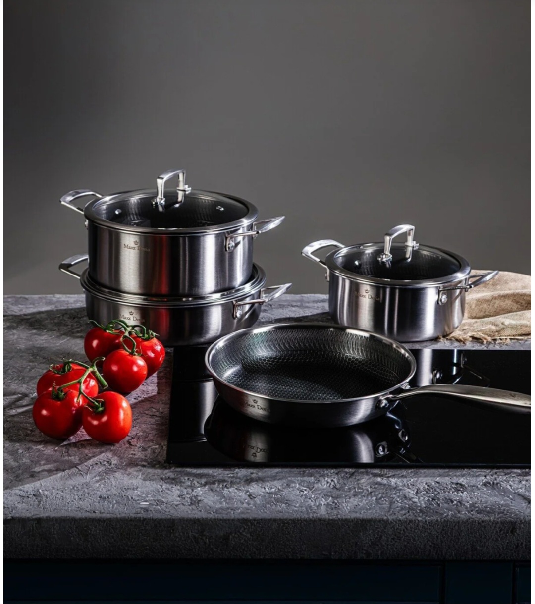 سرویس قابلمه استیل کف لیزری ۷ پارچه مکس دوریا (طراحی ایتالیا ، انگلیس) مدل Maxx Doria steel Fusion mat